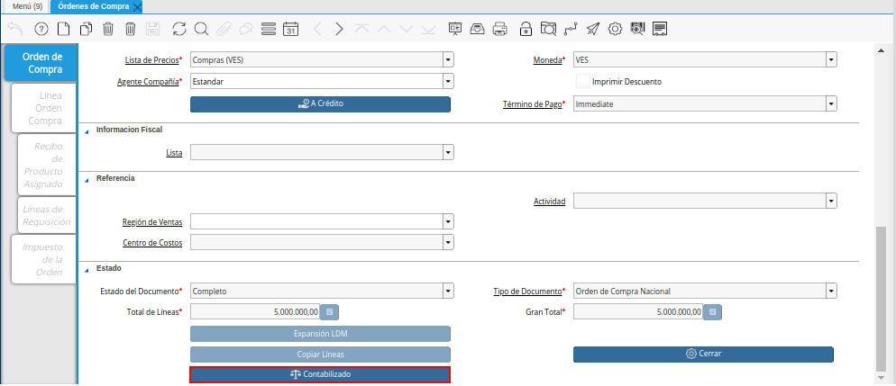 Opción Contabilizado de la Ventana Ordenes de Compra