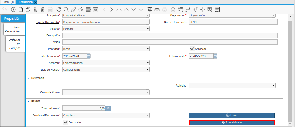 Opción Contabilizado de la Ventana Requisición