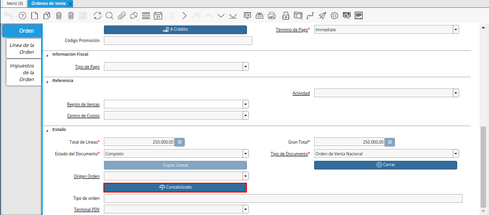 Opción Contabilizado de la Ventana Órdenes de Venta