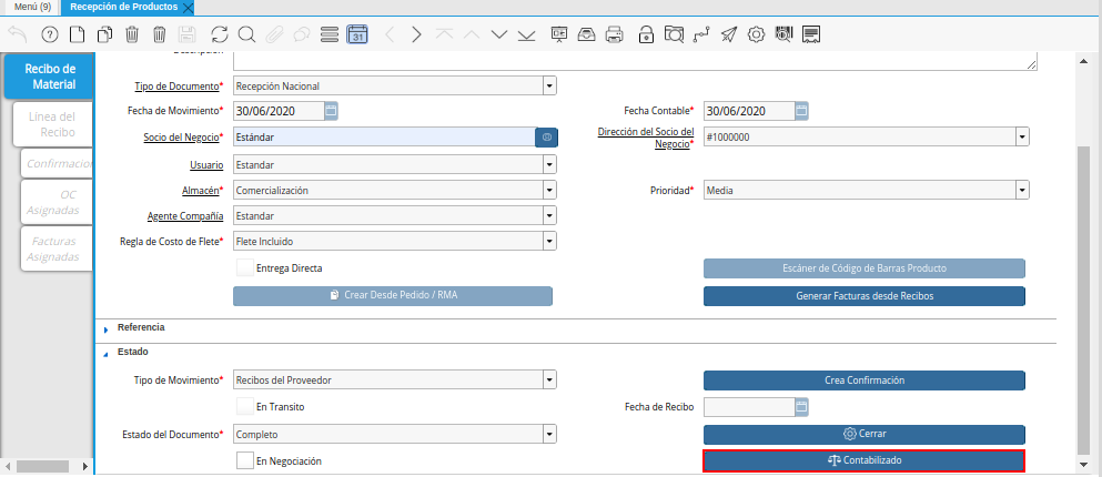 Opción Contabilizado de la Ventana Recepción de Productos