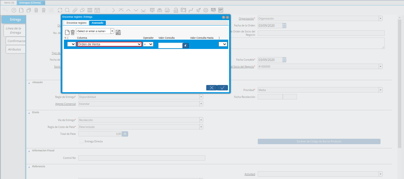 Opción Orden de Venta de la Ventana Encontrar Registro Entrega
