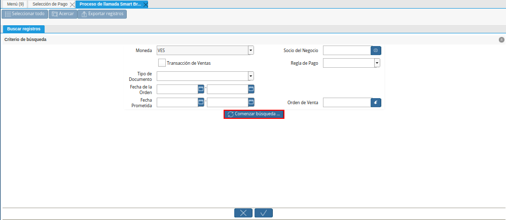 Opción Comenzar Búsqueda de la Ventana de Búsqueda Inteligente del Proceso Crear Desde Orden