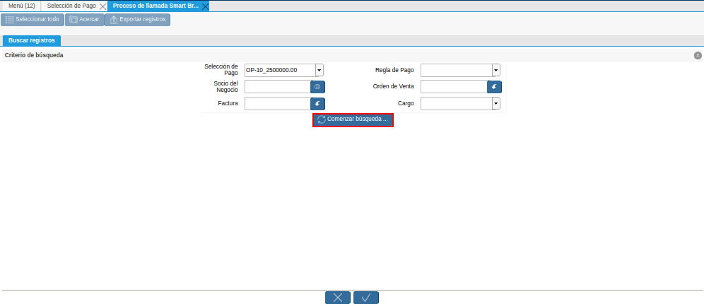 Opción Comenzar Búsqueda de la Ventana de Búsqueda Inteligente del Proceso Crear desde la Selección de Pago