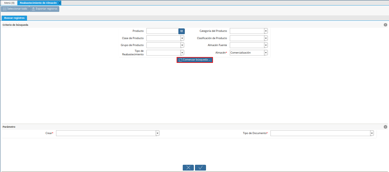 opción comenzar búsqueda de la ventana reabastecimiento de almacén