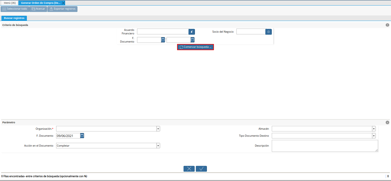 opción comenzar búsqueda del generar orden de compra desde financiamiento agrícola