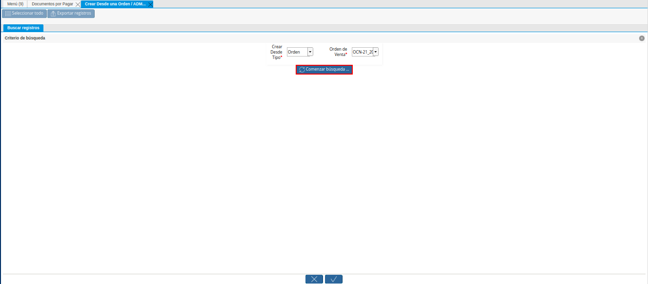 Opción Comenzar Búsqueda de la Ventana Crear Desde una Orden ADM Factura Recepción en una Factura