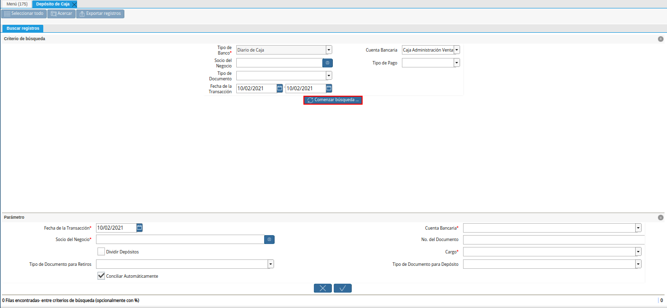 opcion comenzar busqueda de la ventana deposito a caja