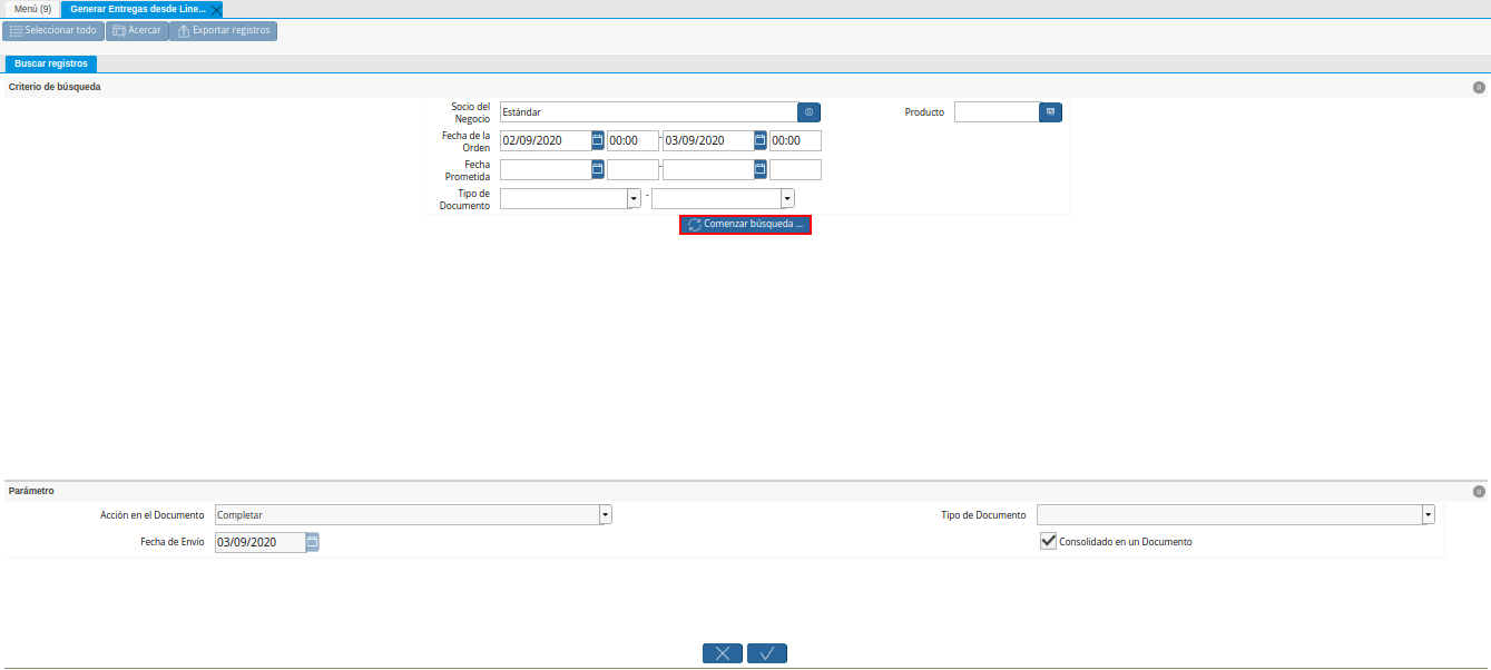Opción Comenzar Búsqueda de la Ventana Generar Entrega desde Líneas de la Orden