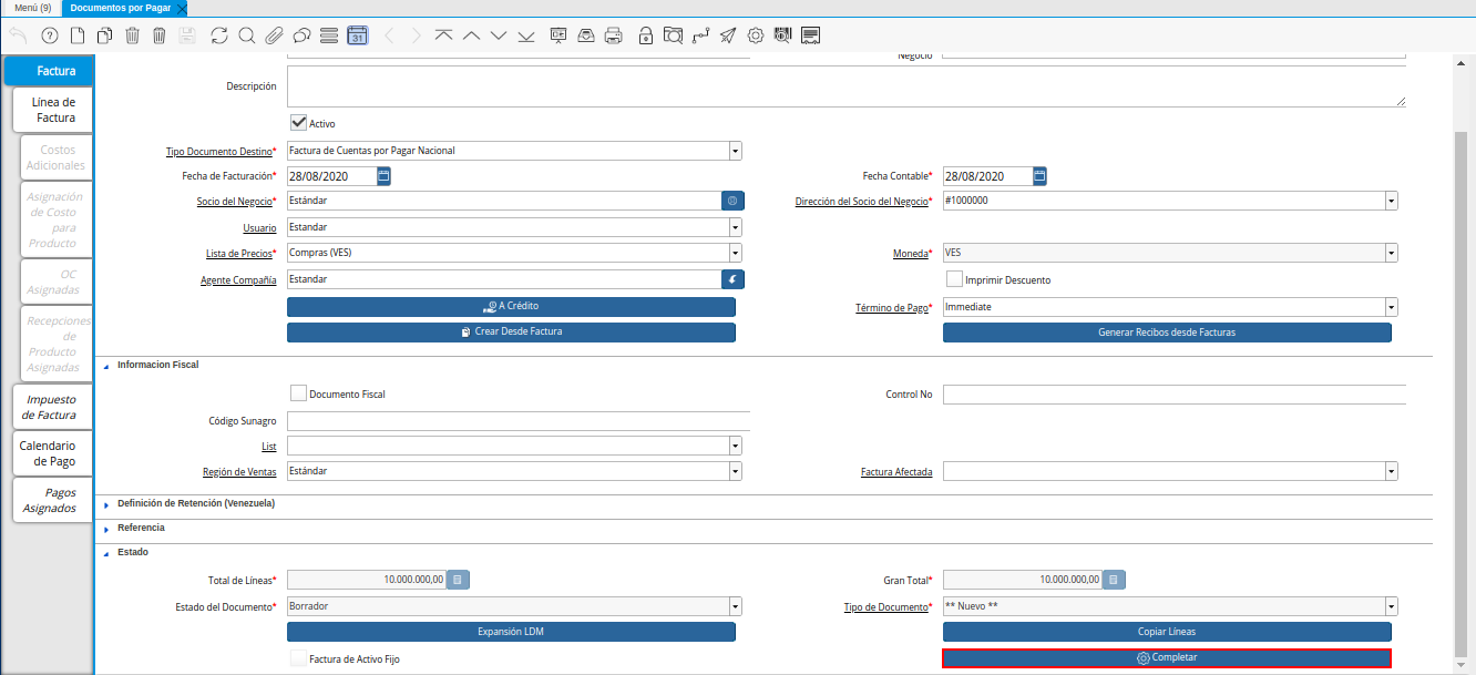Opción Completar de la Ventana Documentos por Pagar desde Orden de Compra