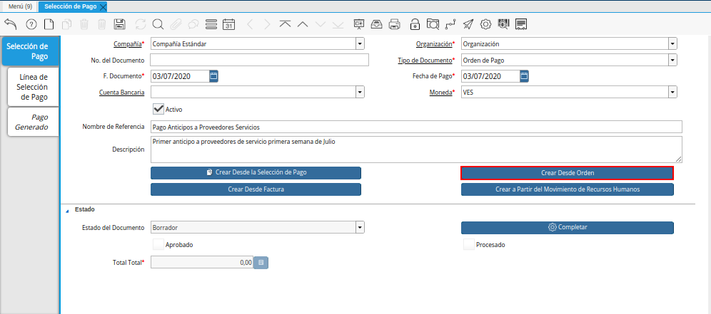 Opción Crear Desde Orden del Documento Orden de Pago desde Orden
