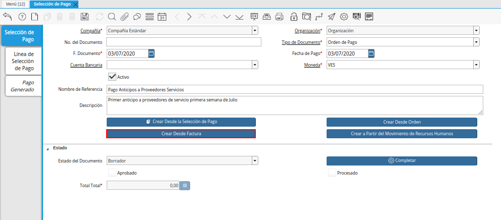 Opción Crear Desde Factura del Documento Orden de Pago desde Factura