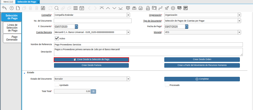 Opción Crear Desde Selección de Pago del Documento Registro desde Selección de Pago