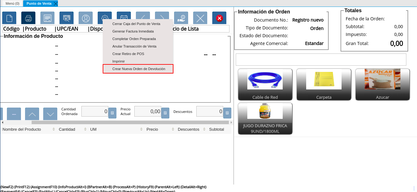 Opción Crear Nueva Orden de Devolución del Icono Proceso de la Barra de Herramientas del Punto de Venta