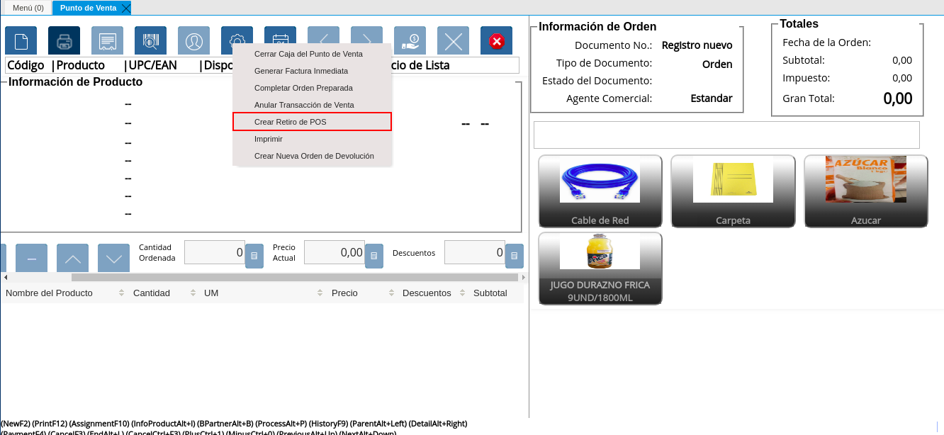 Opción Crear Retiro de POS del Icono Proceso de la Barra de Herramientas del Punto de Venta