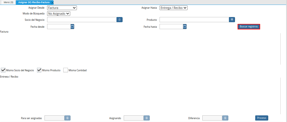 Opción Buscar Registros de la Ventana Asignar OC Recepción Factura