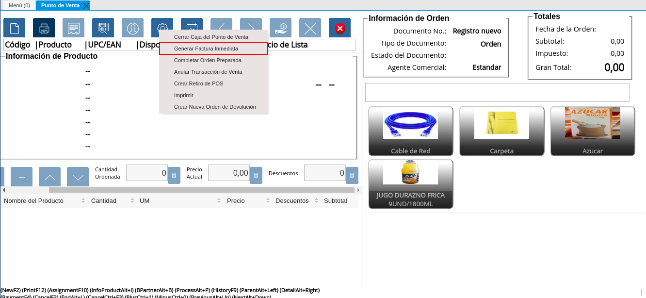 Opción Generar Factura Inmediata del Icono Proceso de la Barra de Herramientas del Punto de Venta