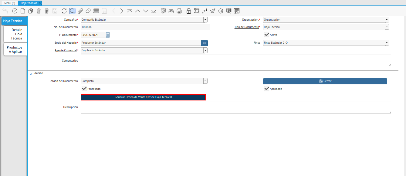 opción generar orden de venta desde hoja técnica