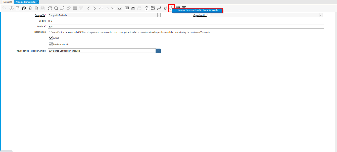 opción obtener tasas de cambio desde proveedor