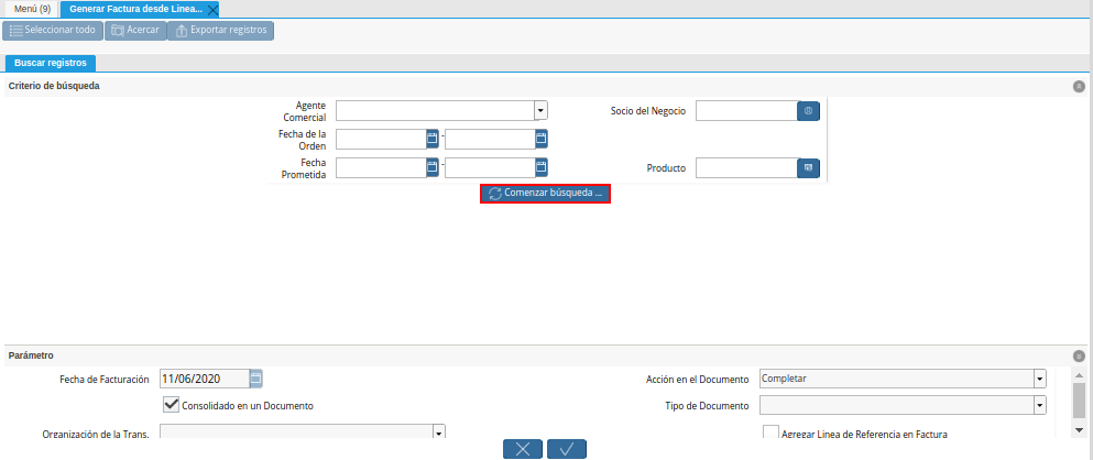 Opción Comenzar Búsqueda de la Ventana Generar Factura desde Líneas de la Orden