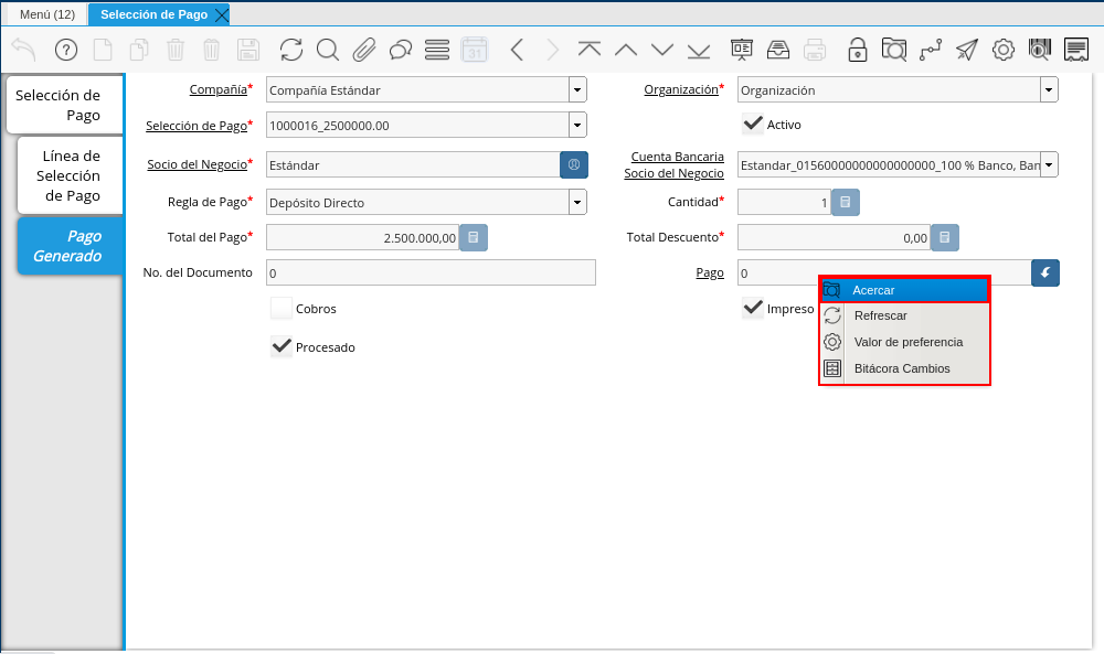 Opción acercar del campo Pago