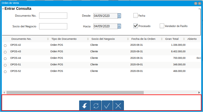 Opciones de la Ventana Orden de Venta Desplegada por el Icono Registros Históricos