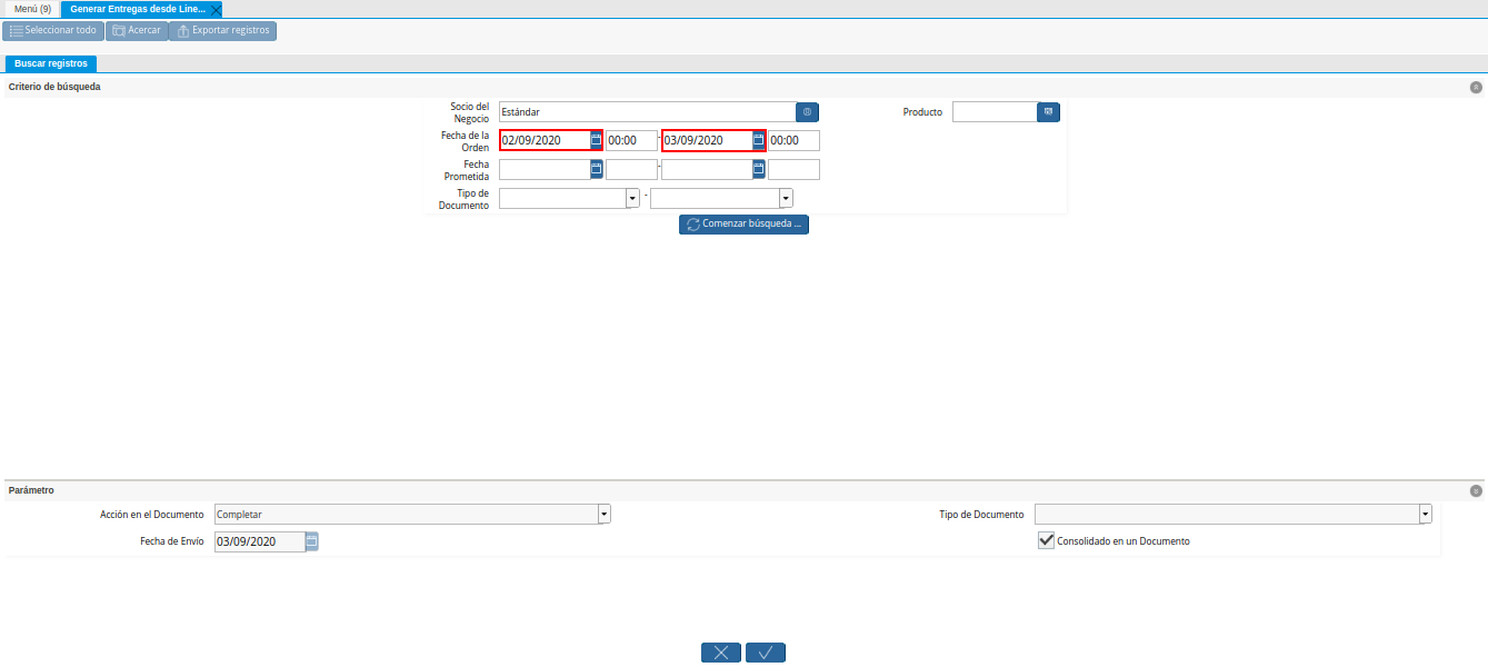 Campo Fecha de la Orden de la Ventana Generar Entrega desde Líneas de la Orden