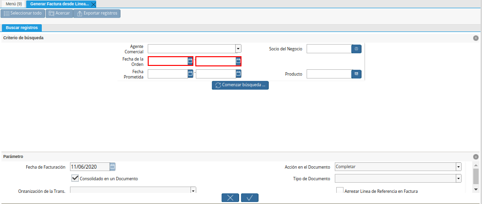 Campo Fecha de la Orden de la Ventana Generar Factura desde Líneas de la Orden
