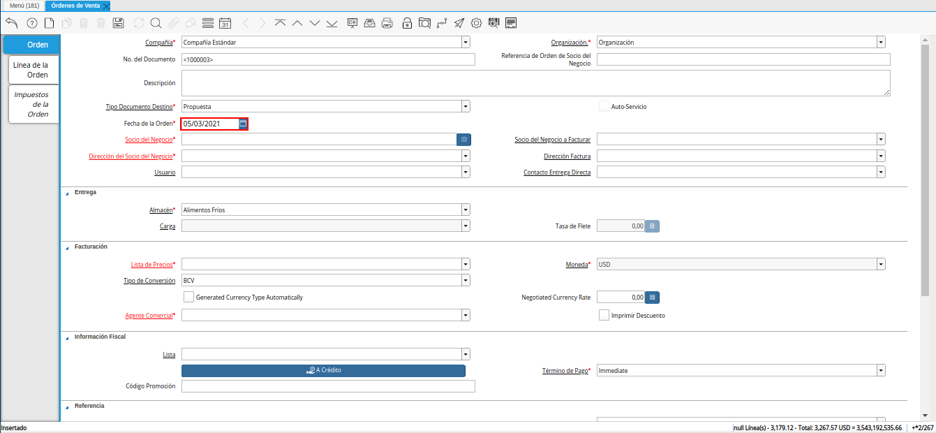campo fecha de la orden de la ventana órdenes de venta