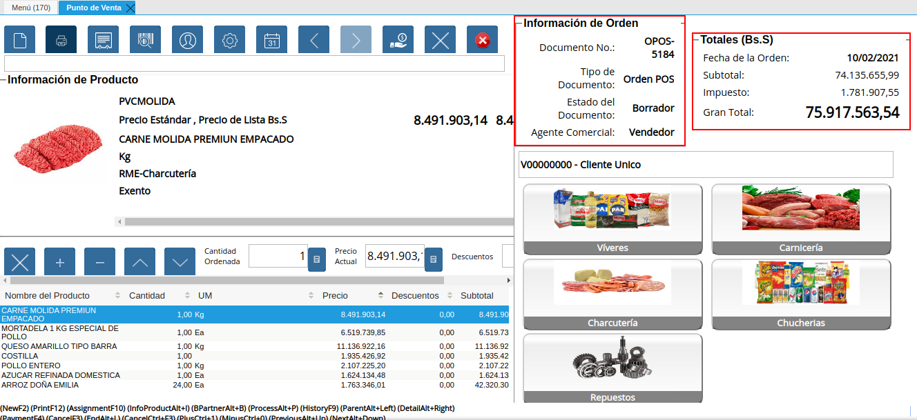 información y montos totales de la orden