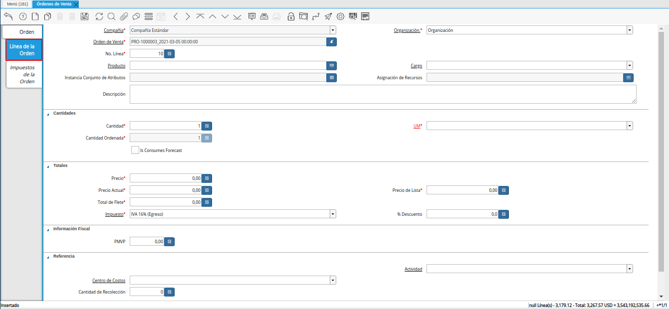 pestaña línea de la orden de la ventana órdenes de venta