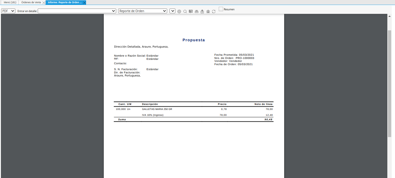 ventana reporte de orden con reporte de propuesta