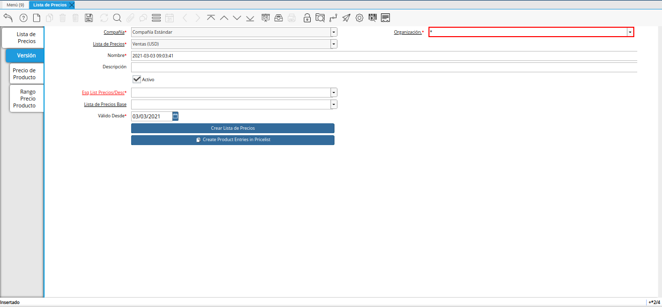 campo organización para lista de precios base
