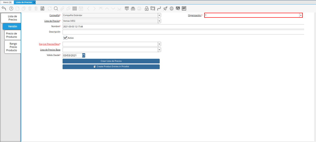 campo organización para lista de precios desde última oc procesada