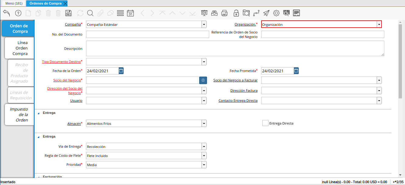 campo organización orden multimoneda