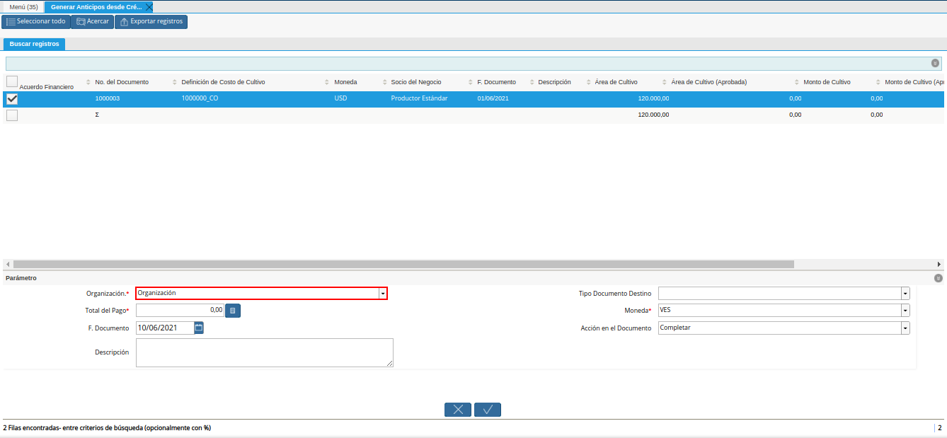 campo organización del generar anticipos desde crédito al productor