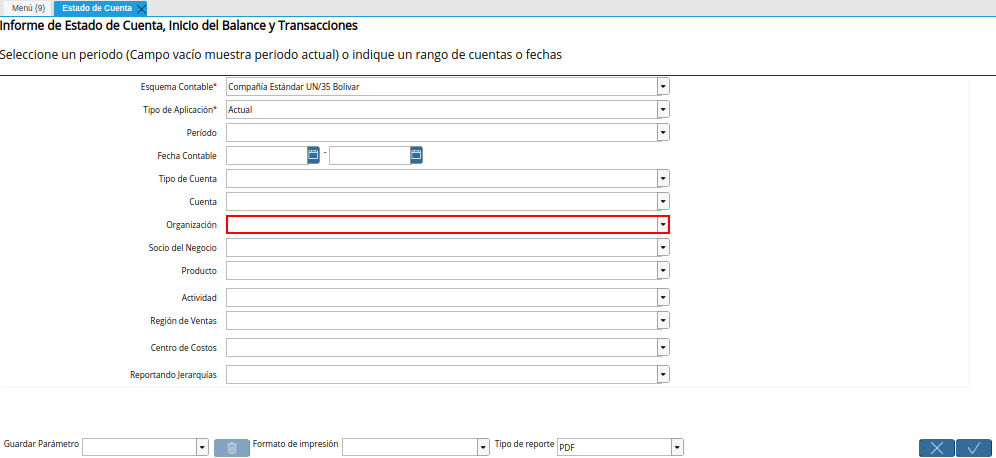 Campo Organización de la Ventana Estado de Cuenta