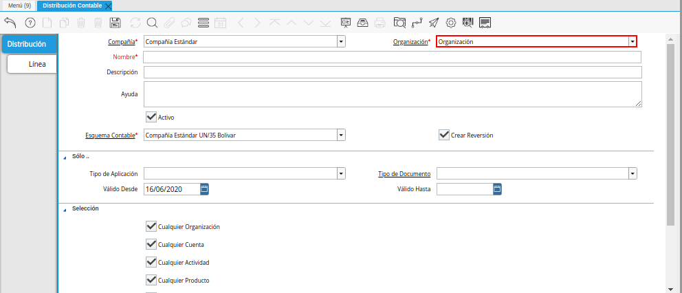 Campo Organización de la Ventana Distribución Contable