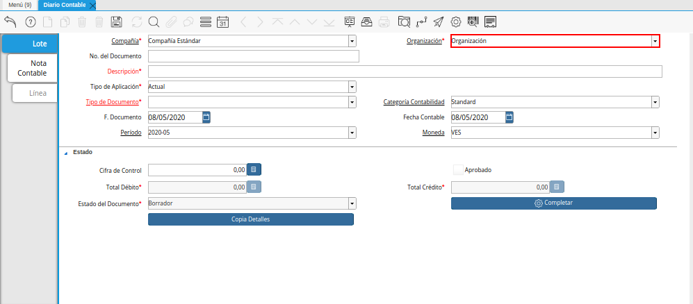 Campo Organización de la Pestaña Lote Contable de la Ventana Diario Contable