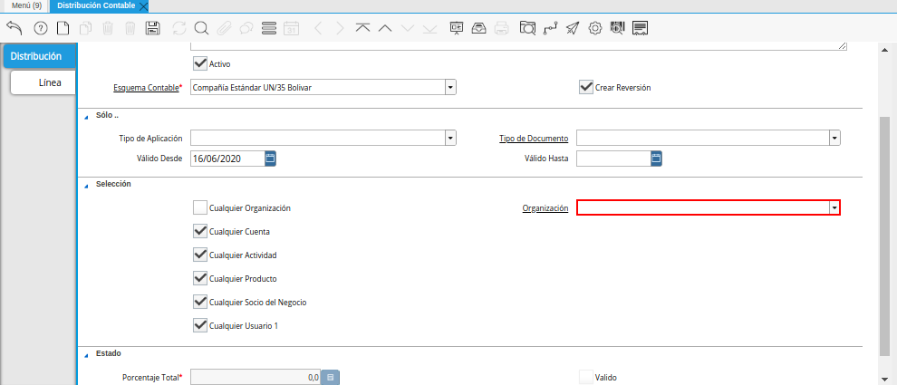 Campo Organización del Checklist Cualquier Organización de la Ventana Distribución Contable