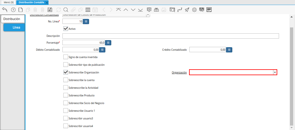 Campo Organización del Checklist Sobreescribe Organización de la Pestaña Línea de la Ventana Distribución Contable