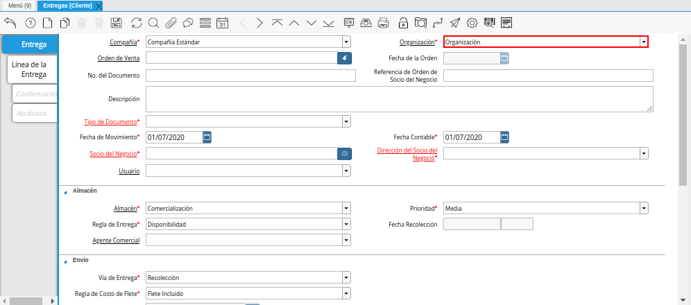 Campo Organización de la Ventana Entregas Cliente