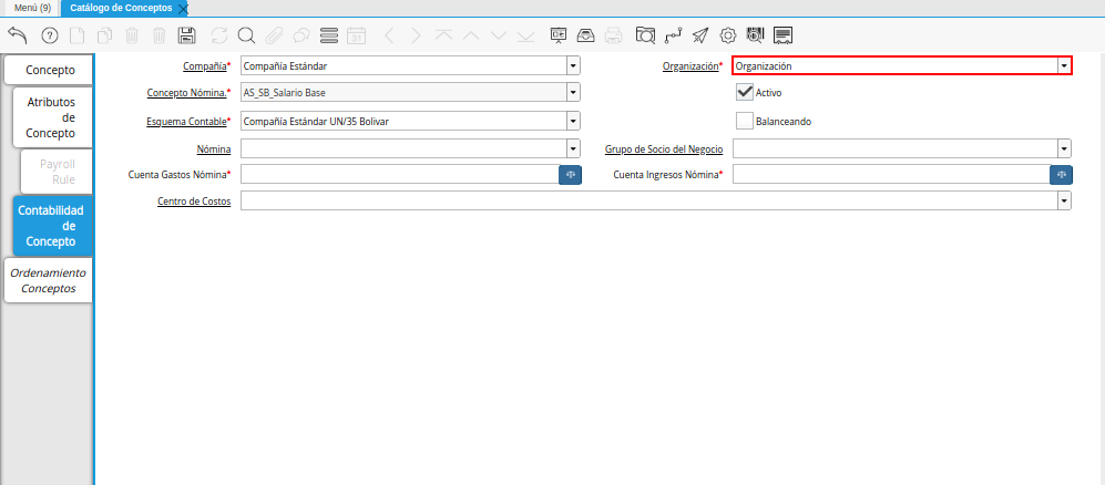Campo Organización de la Pestaña Contabilidad de Concepto