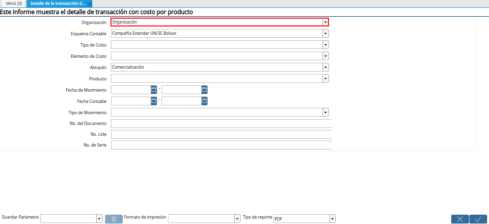 Campo Organización de la Ventana Detalle de la Transacción de Costos