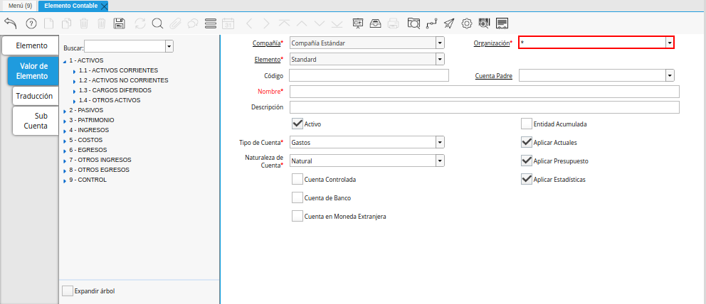 Campo Organización de la Pestaña Valor de Elemento de la Ventana Elemento Contable