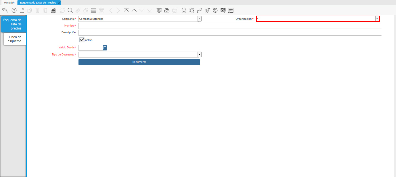 campo organización de la ventana esquema de lista de precios