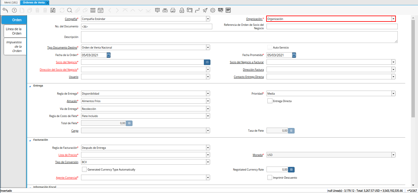 campo organización de la ventana órdenes de venta