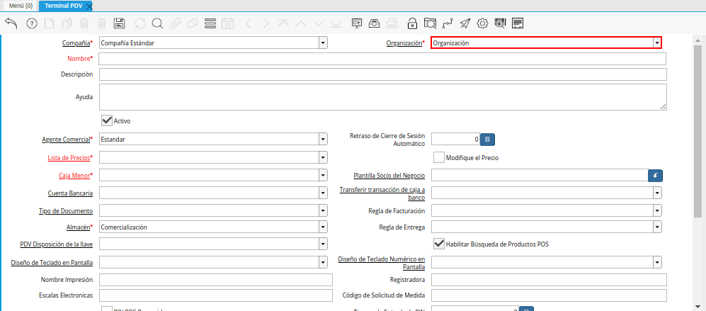 Campo Organización de la Ventana Terminal PDV