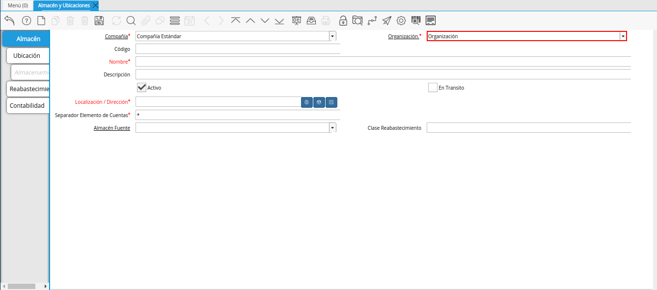 campo organización de la ventana almacén y ubicaciones