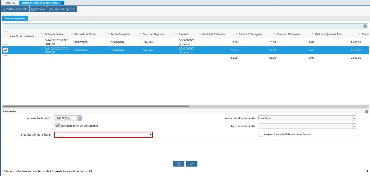 Campo Organización de la Trans de la Ventana Generar Factura desde Líneas de la Orden
