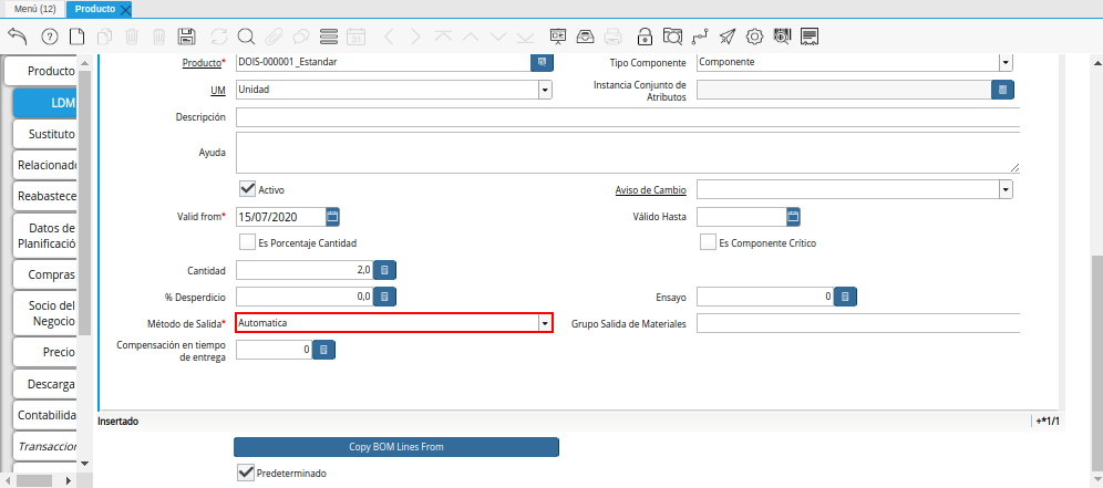 Campo Método de Salida de la Pestaña ldm del Producto Estándar para Producción